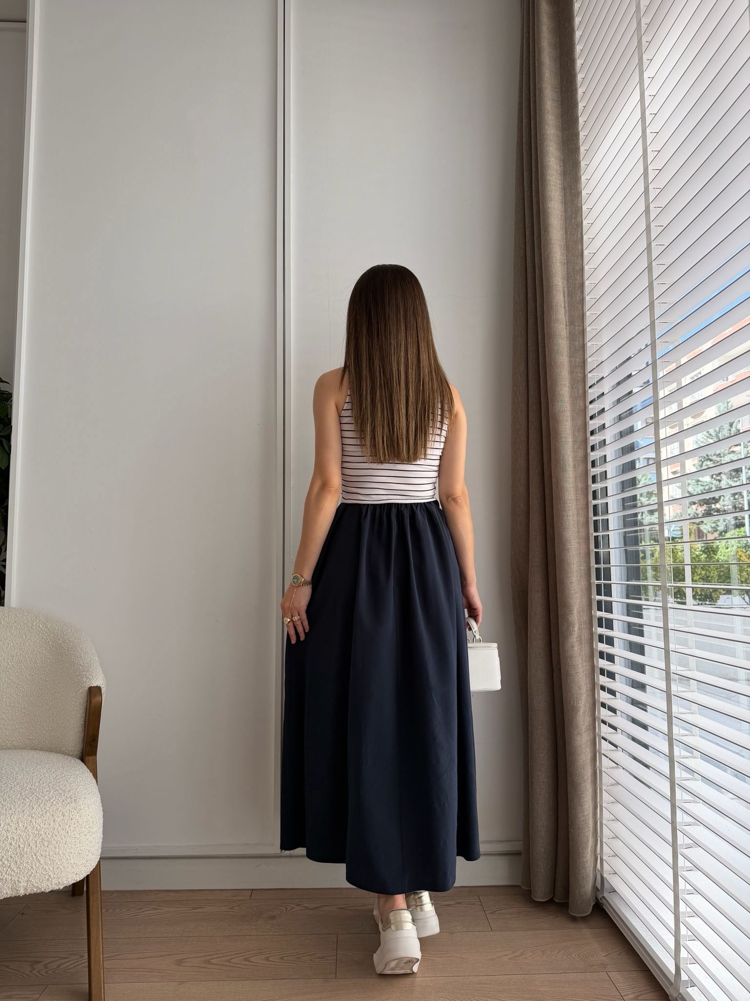 Lacivert Çizgili Yakası Bağlamalı Kolsuz Elbise 37563
