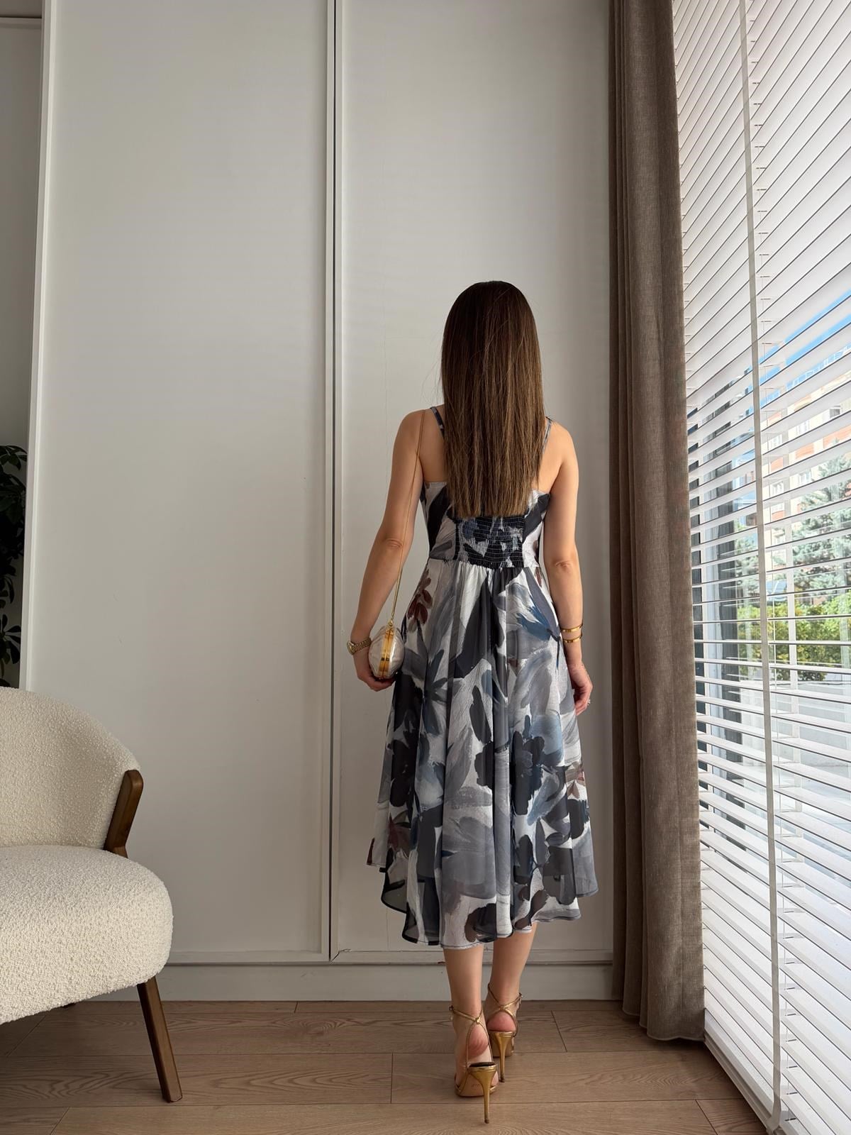 Lacivert Degaje Yaka Askılı Şifon Elbise 5153