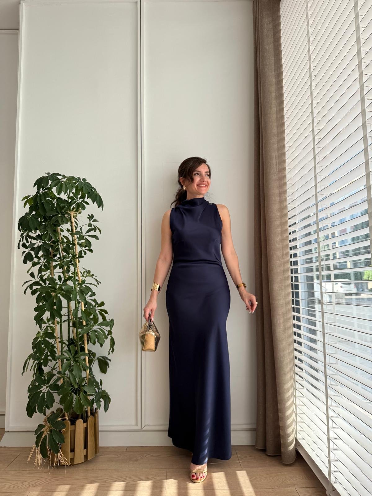 Lacivert Degaje Yaka Omuz Drapeli Saten Elbise 0557