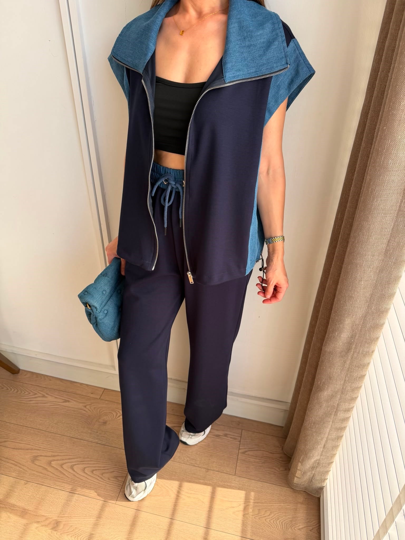 Lacivert Denim Detaylı Yelek Pantolon Modal Takım KA2002