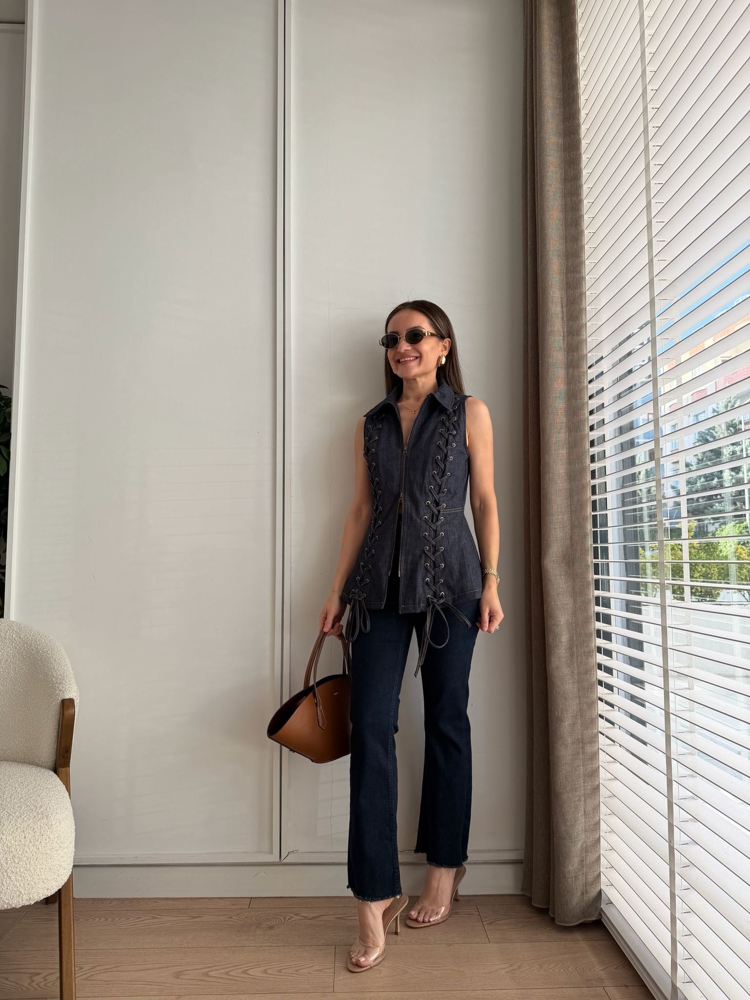Lacivert Denim Korse Bağcıklı Yelek 37517