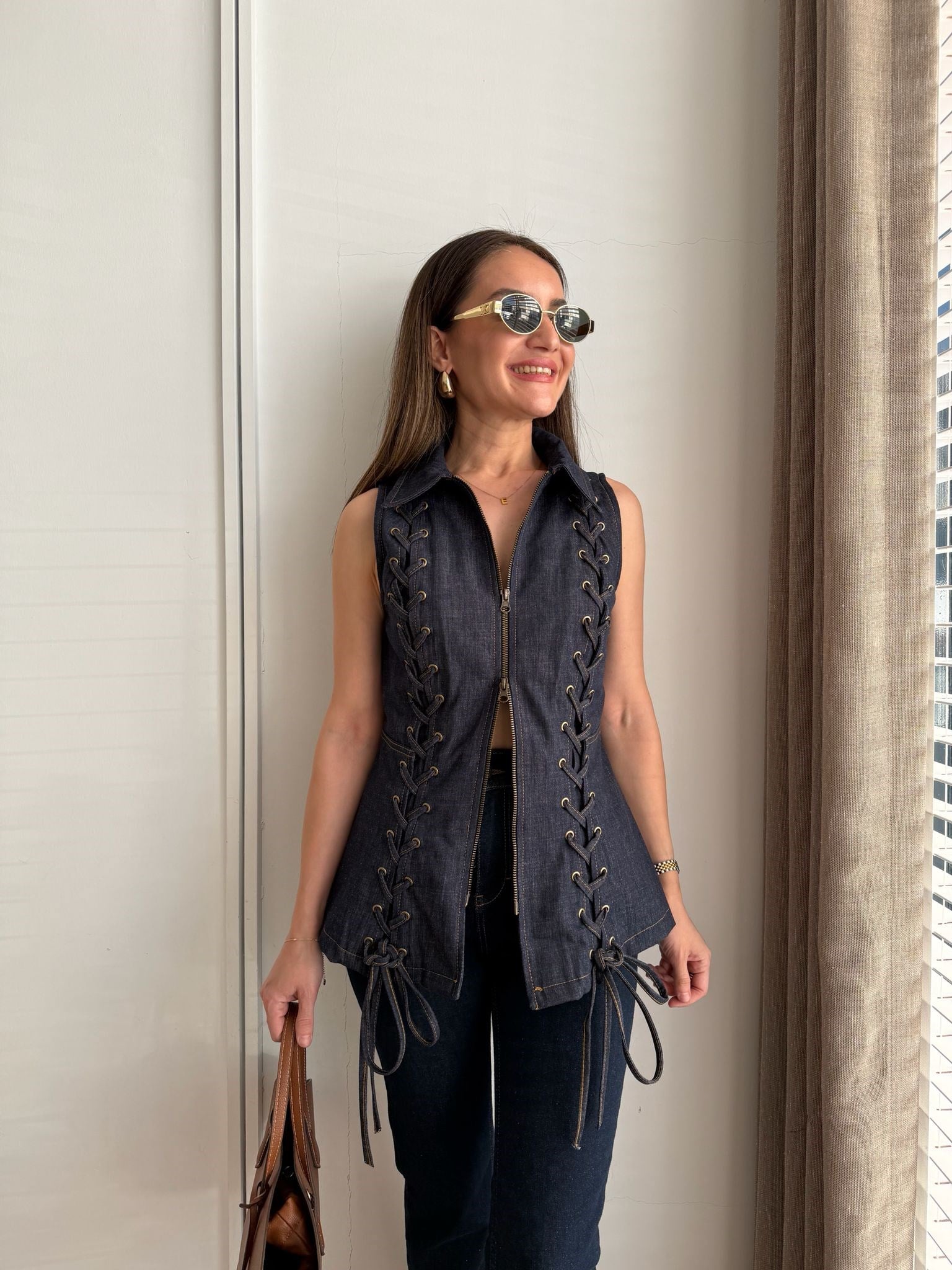 Lacivert Denim Korse Bağcıklı Yelek 37517