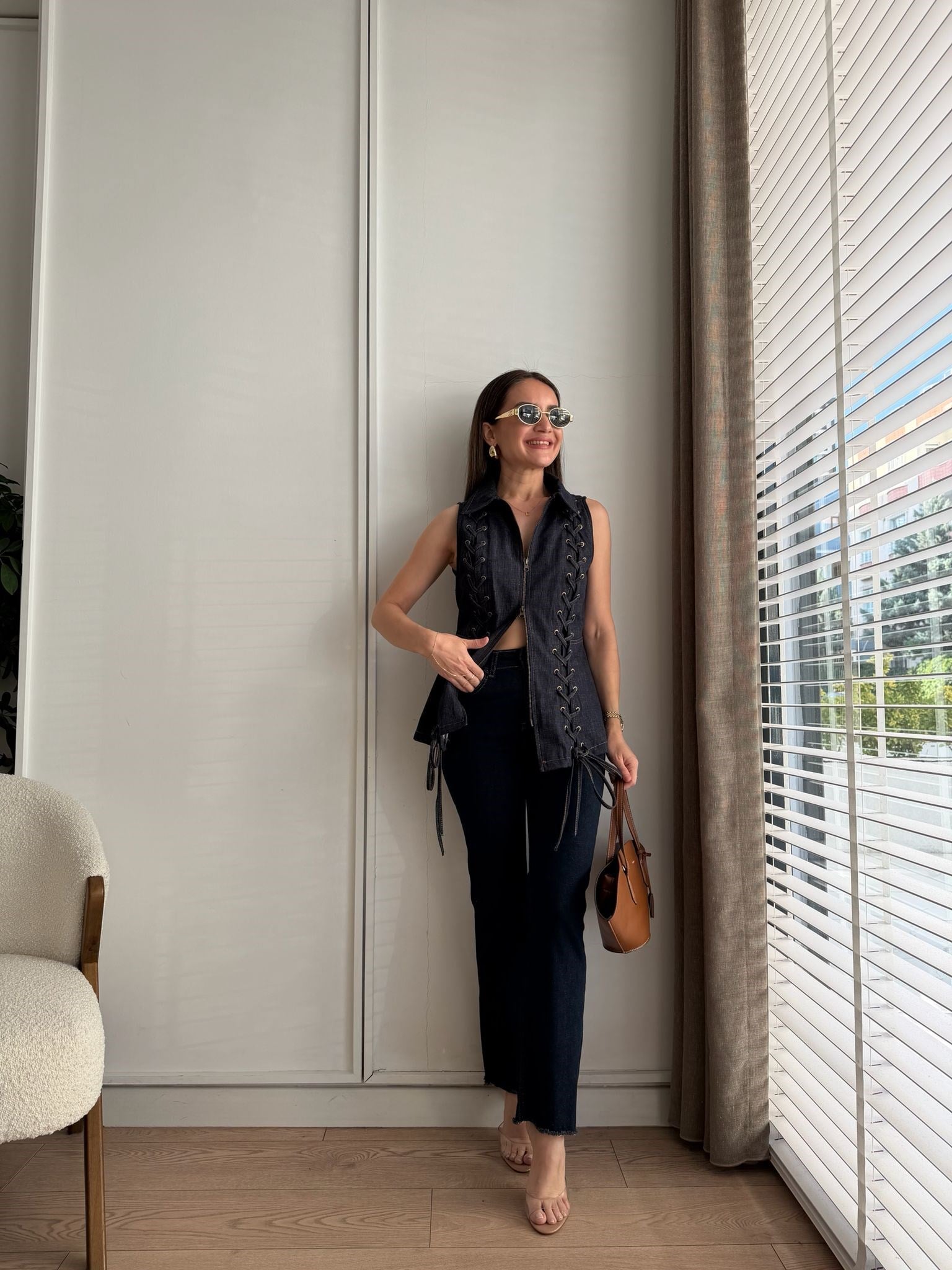 Lacivert Denim Korse Bağcıklı Yelek 37517