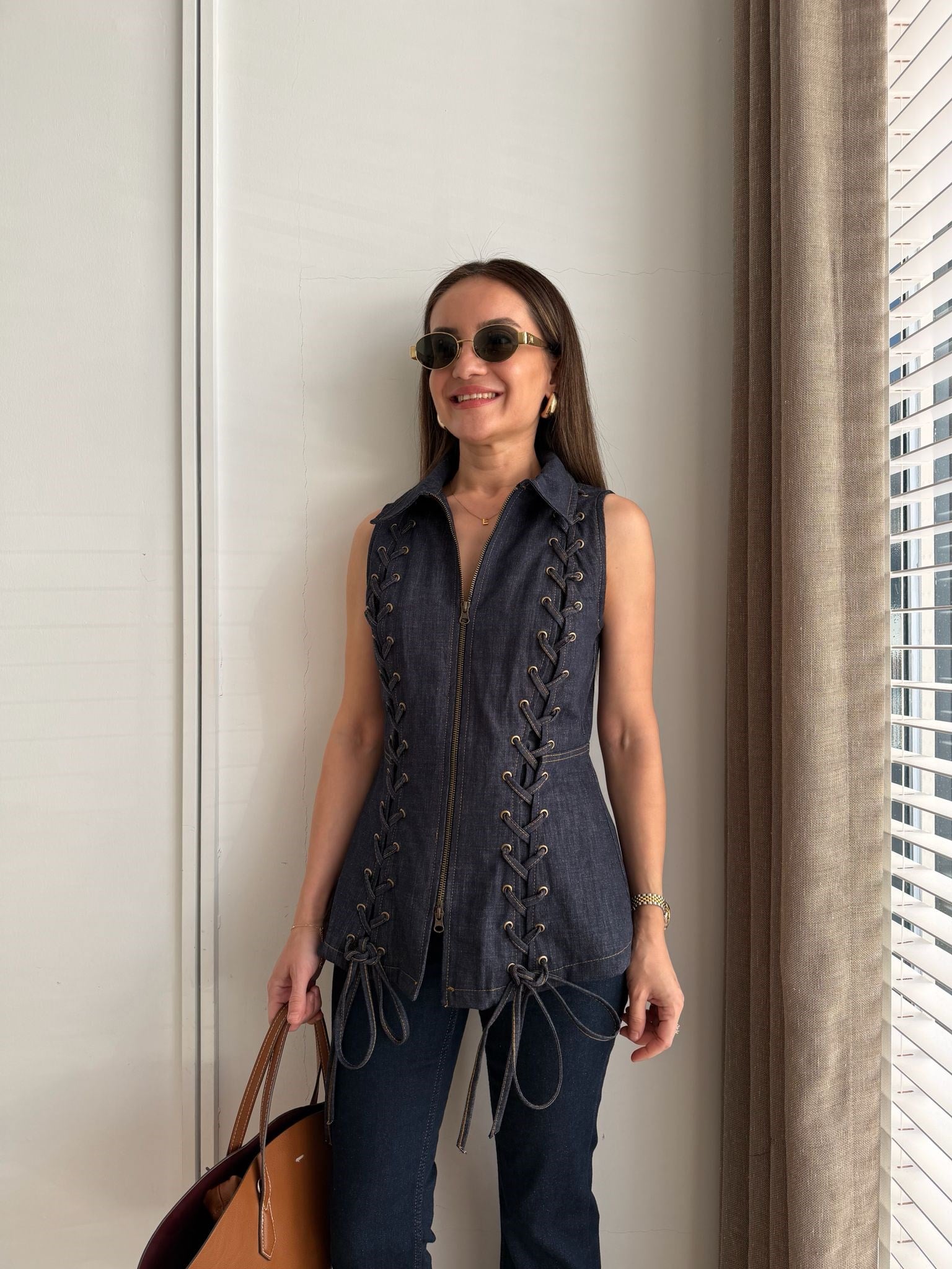 Lacivert Denim Korse Bağcıklı Yelek 37517