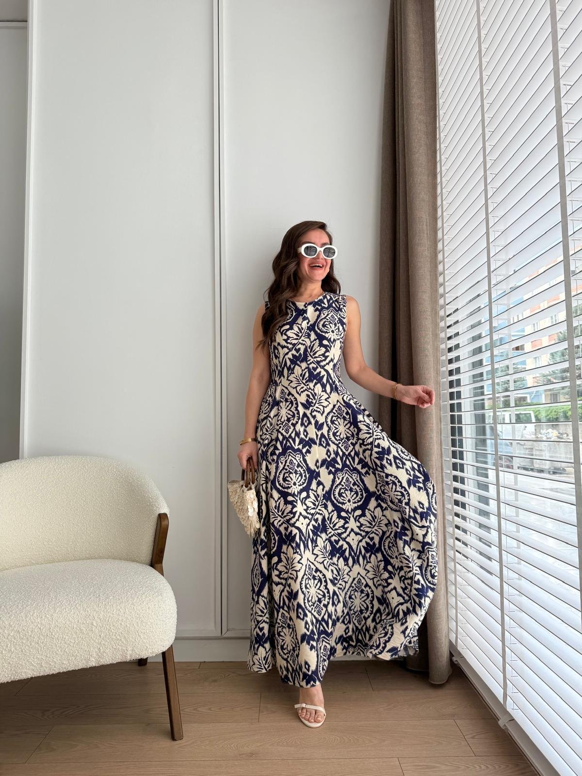 Lacivert Desenli Cepli Maxi Boy Elbise 227
