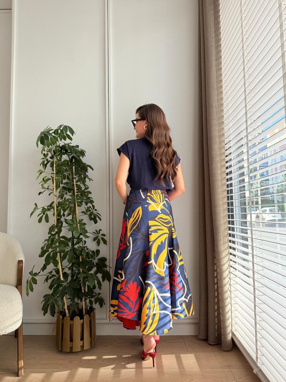 Lacivert Desenli Volanlı Poplin Etek 36415