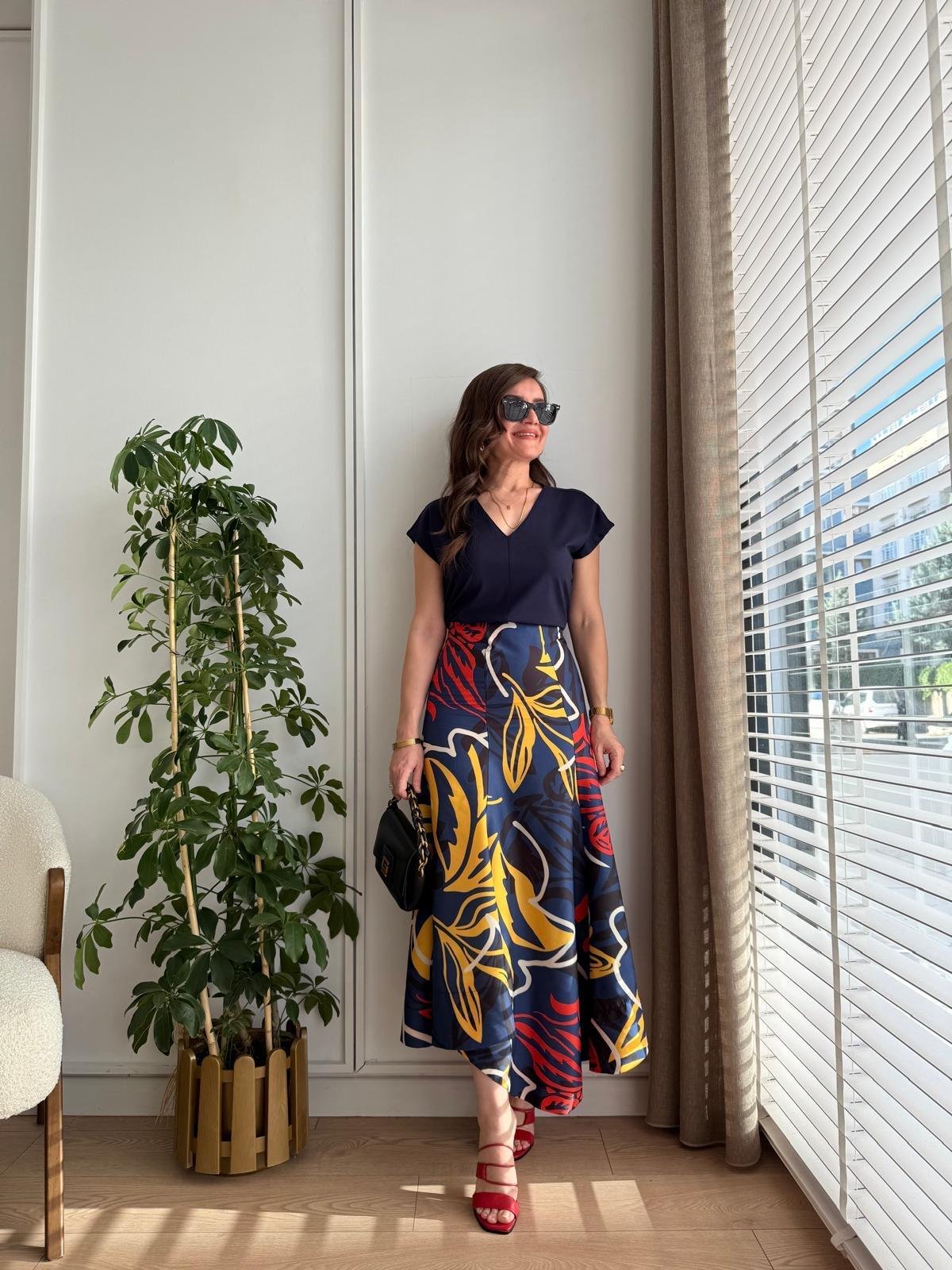 Lacivert Desenli Volanlı Poplin Etek 36415