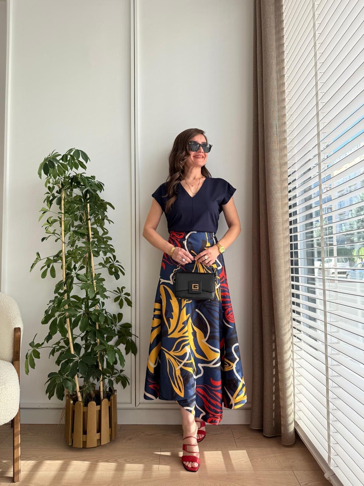 Lacivert Desenli Volanlı Poplin Etek 36415
