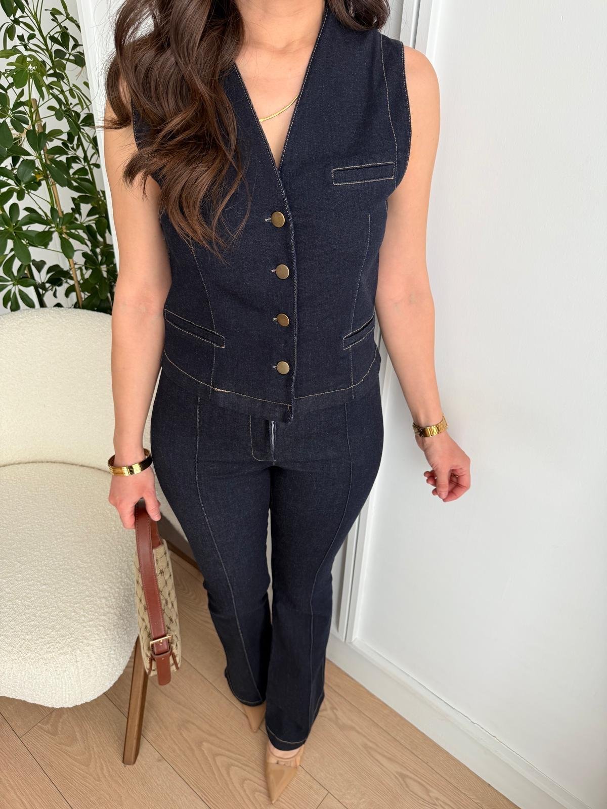 Lacivert Dikiş Detaylı Denim Yelekli Takım 5465