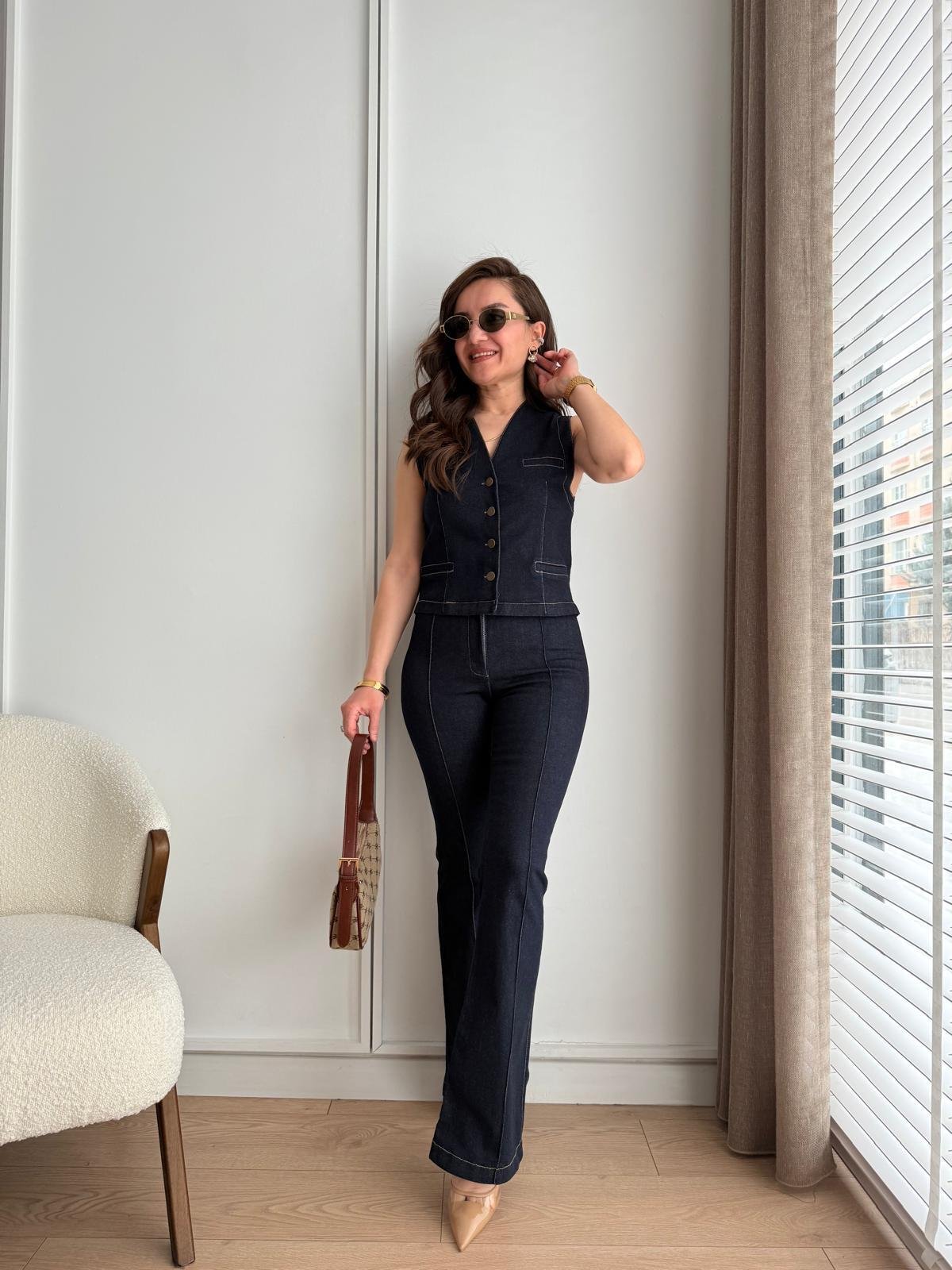 Lacivert Dikiş Detaylı Denim Yelekli Takım 5465