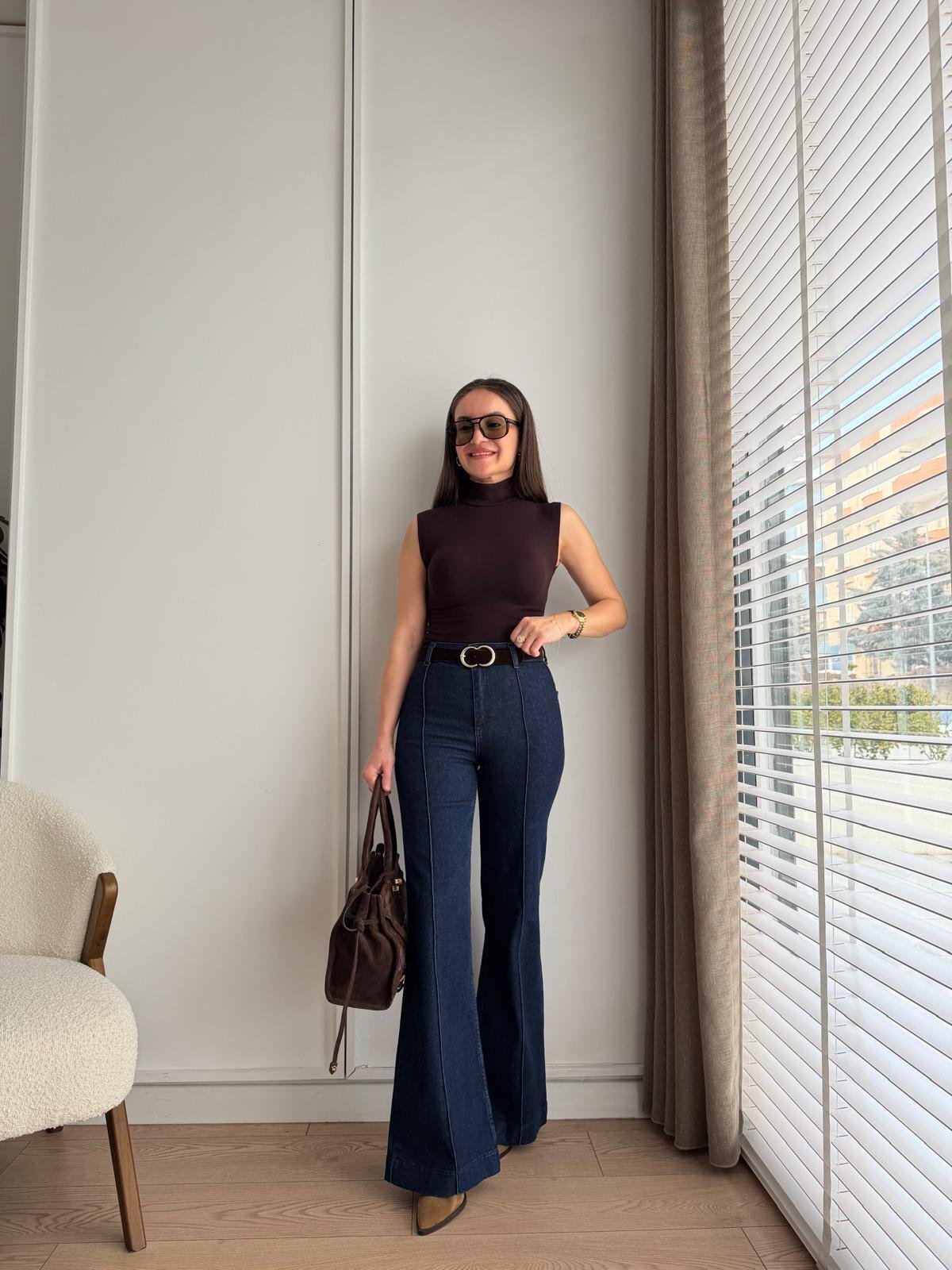 Lacivert Dikiş Detaylı Kemerli İspanyol Paça Pantolon 25678
