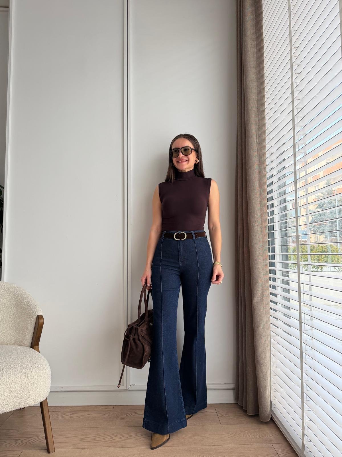 Lacivert Dikiş Detaylı Kemerli İspanyol Paça Pantolon 25678