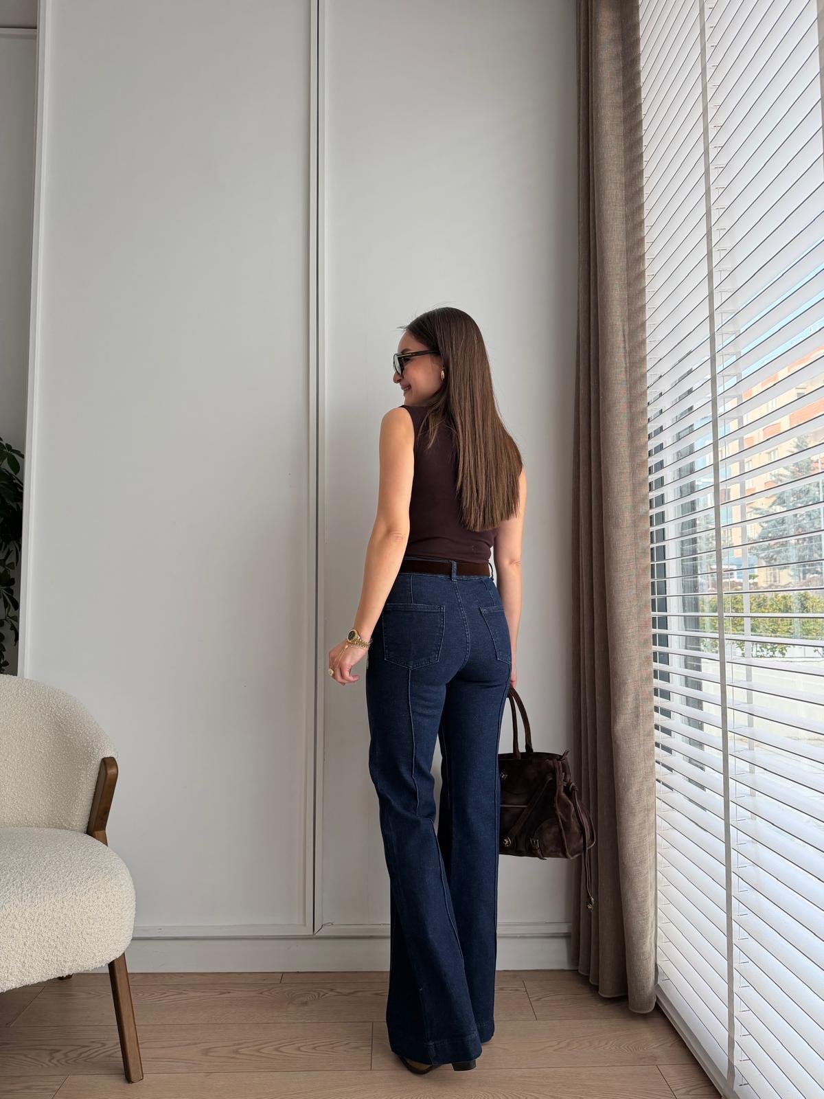 Lacivert Dikiş Detaylı Kemerli İspanyol Paça Pantolon 25678