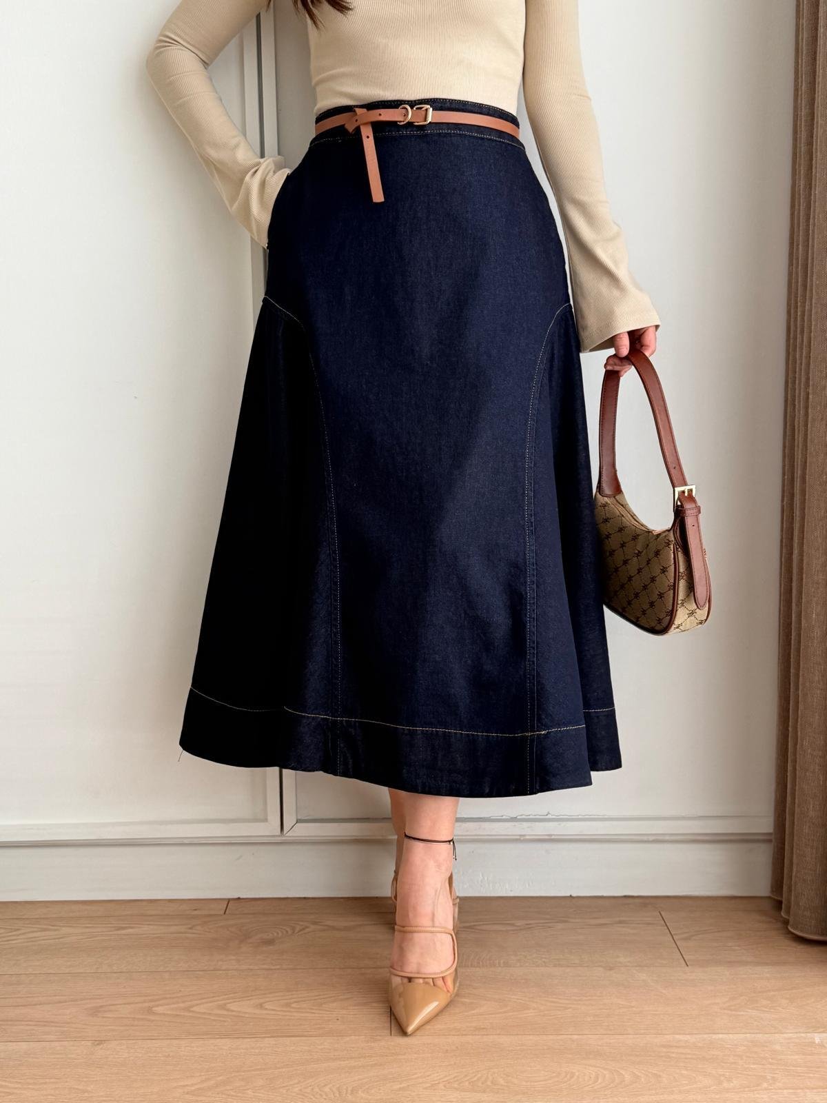 Lacivert Dikiş Detaylı Ön Fermuarlı Denim Etek 0371