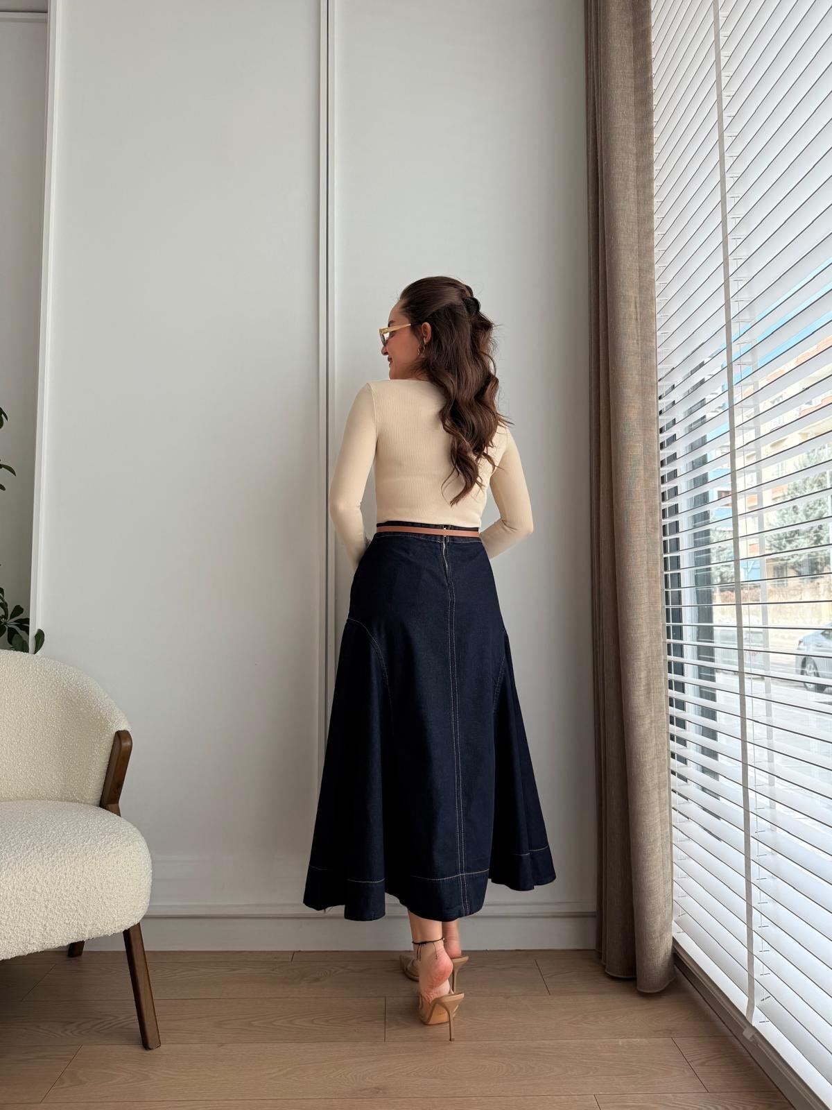 Lacivert Dikiş Detaylı Ön Fermuarlı Denim Etek 0371