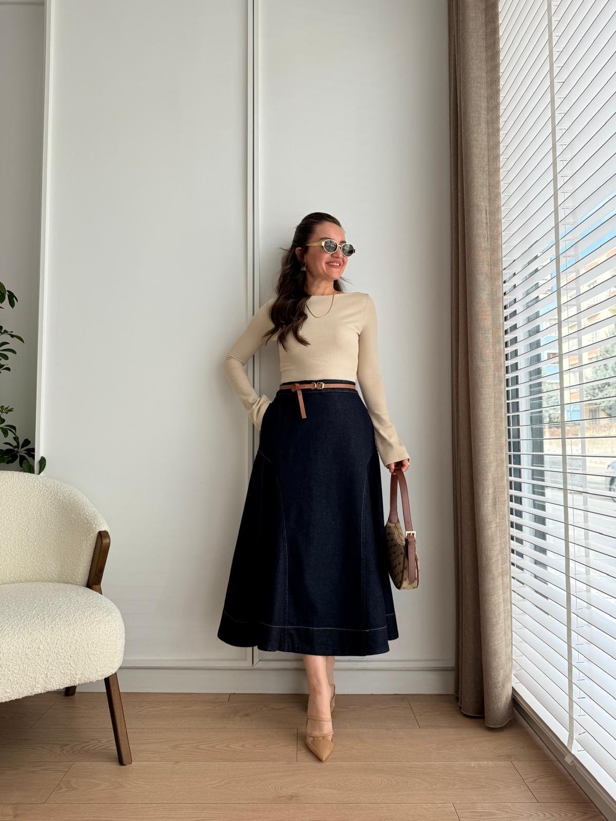 Lacivert Dikiş Detaylı Ön Fermuarlı Denim Etek 0371