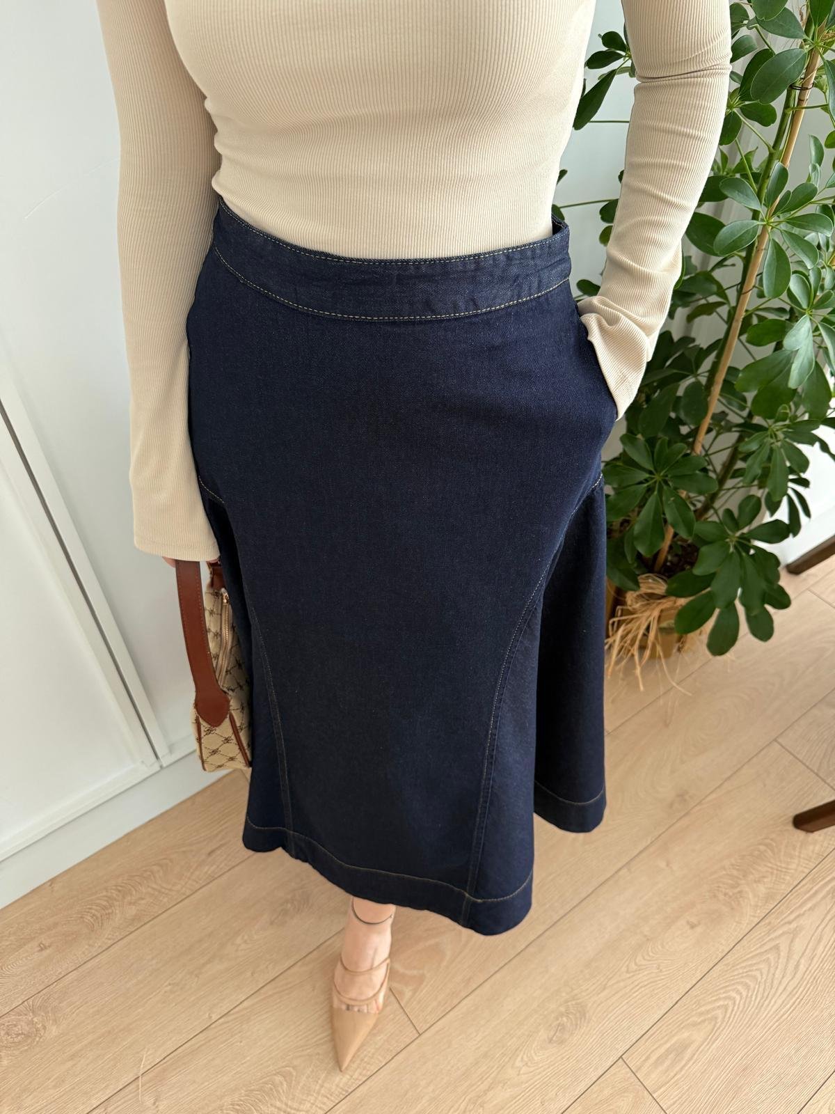 Lacivert Dikiş Detaylı Ön Fermuarlı Denim Etek 0371