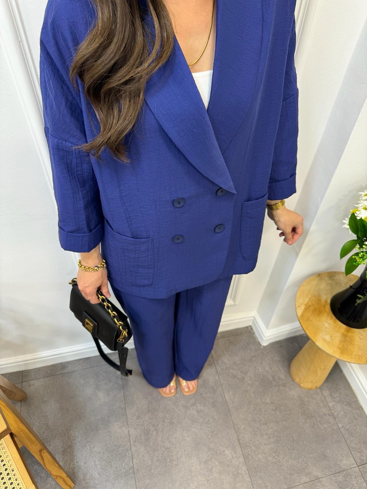 Lacivert Dört Düğmeli Blazer Pantolon Keten Takım 9006