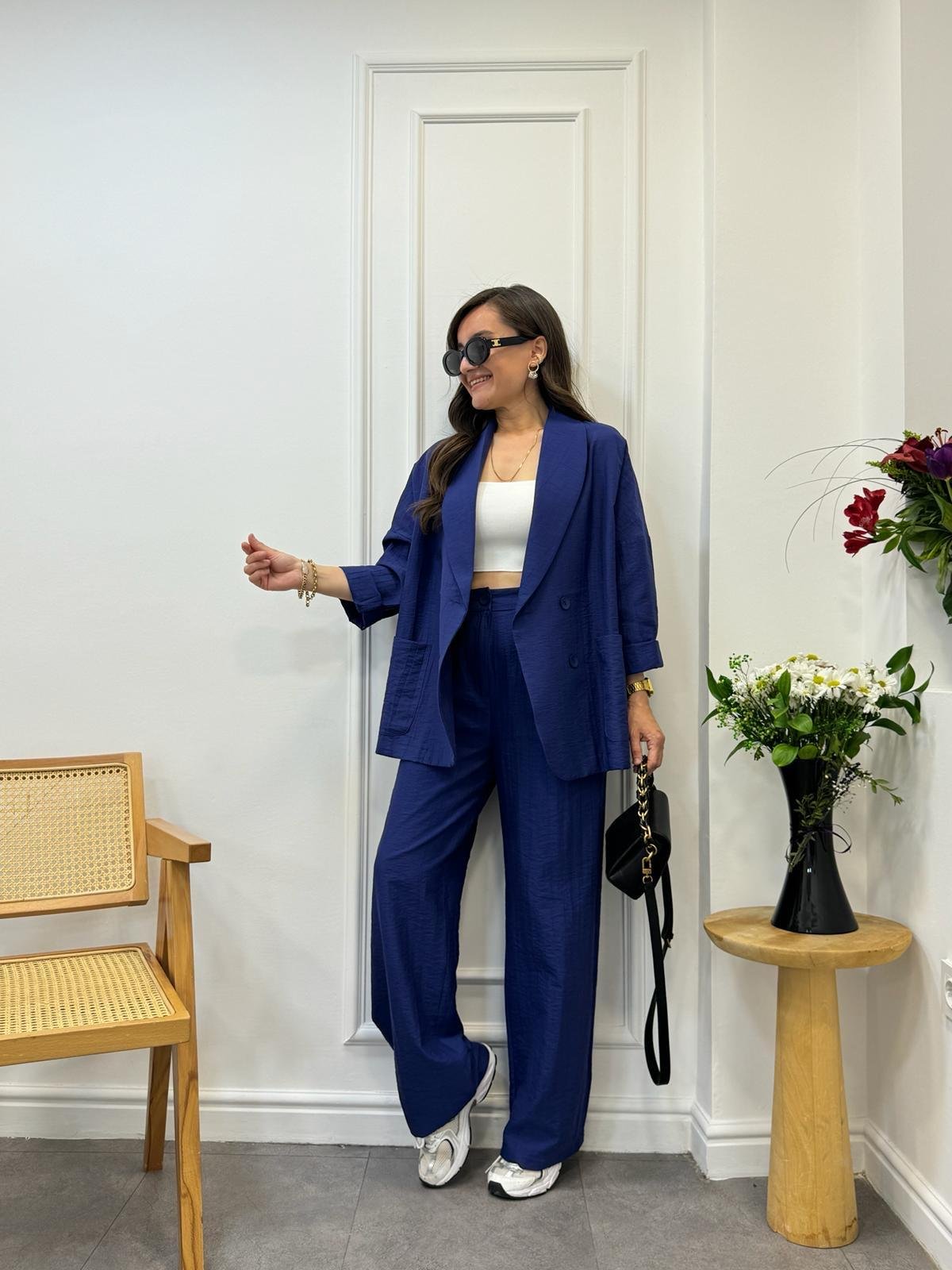 Lacivert Dört Düğmeli Blazer Pantolon Keten Takım 9006