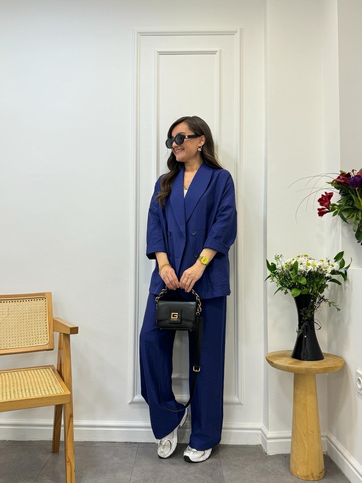 Lacivert Dört Düğmeli Blazer Pantolon Keten Takım 9006