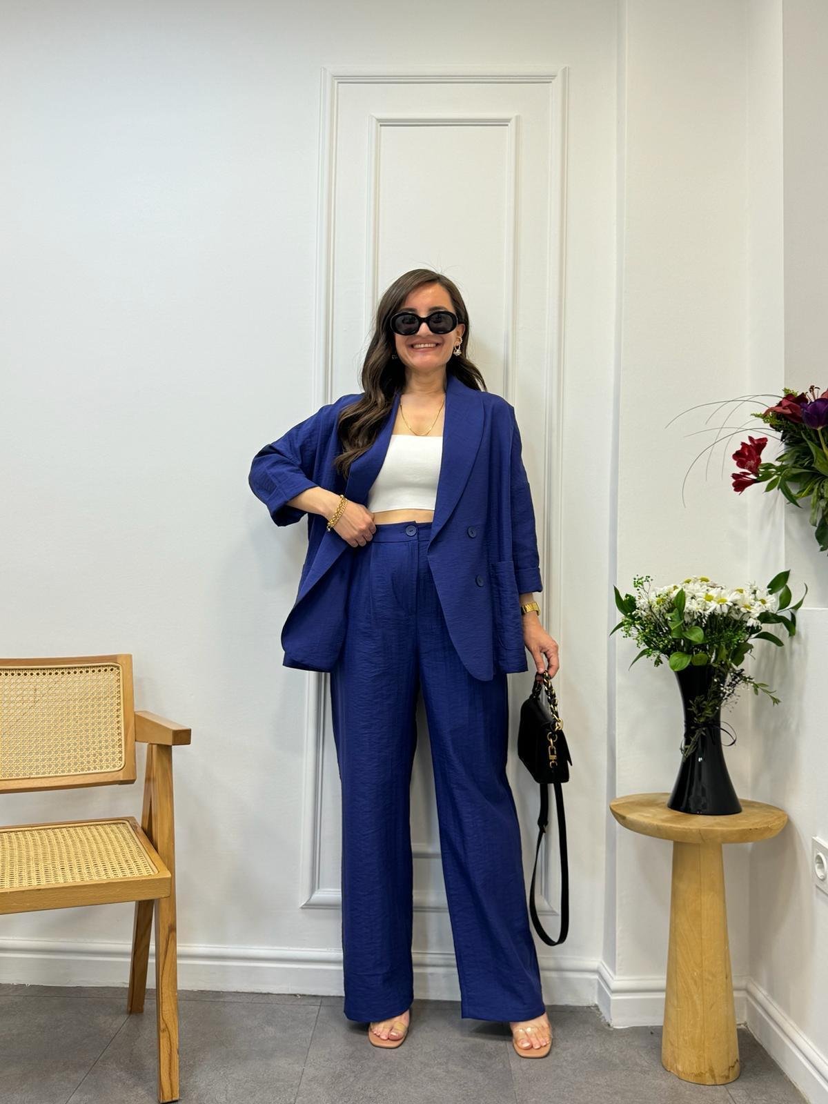 Lacivert Dört Düğmeli Blazer Pantolon Keten Takım 9006