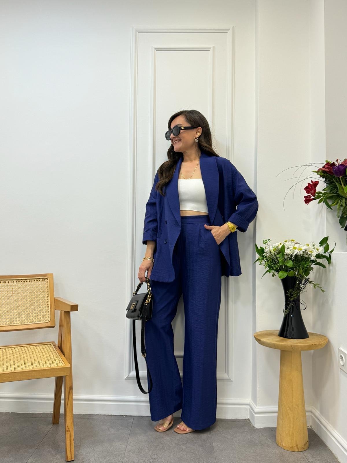 Lacivert Dört Düğmeli Blazer Pantolon Keten Takım 9006