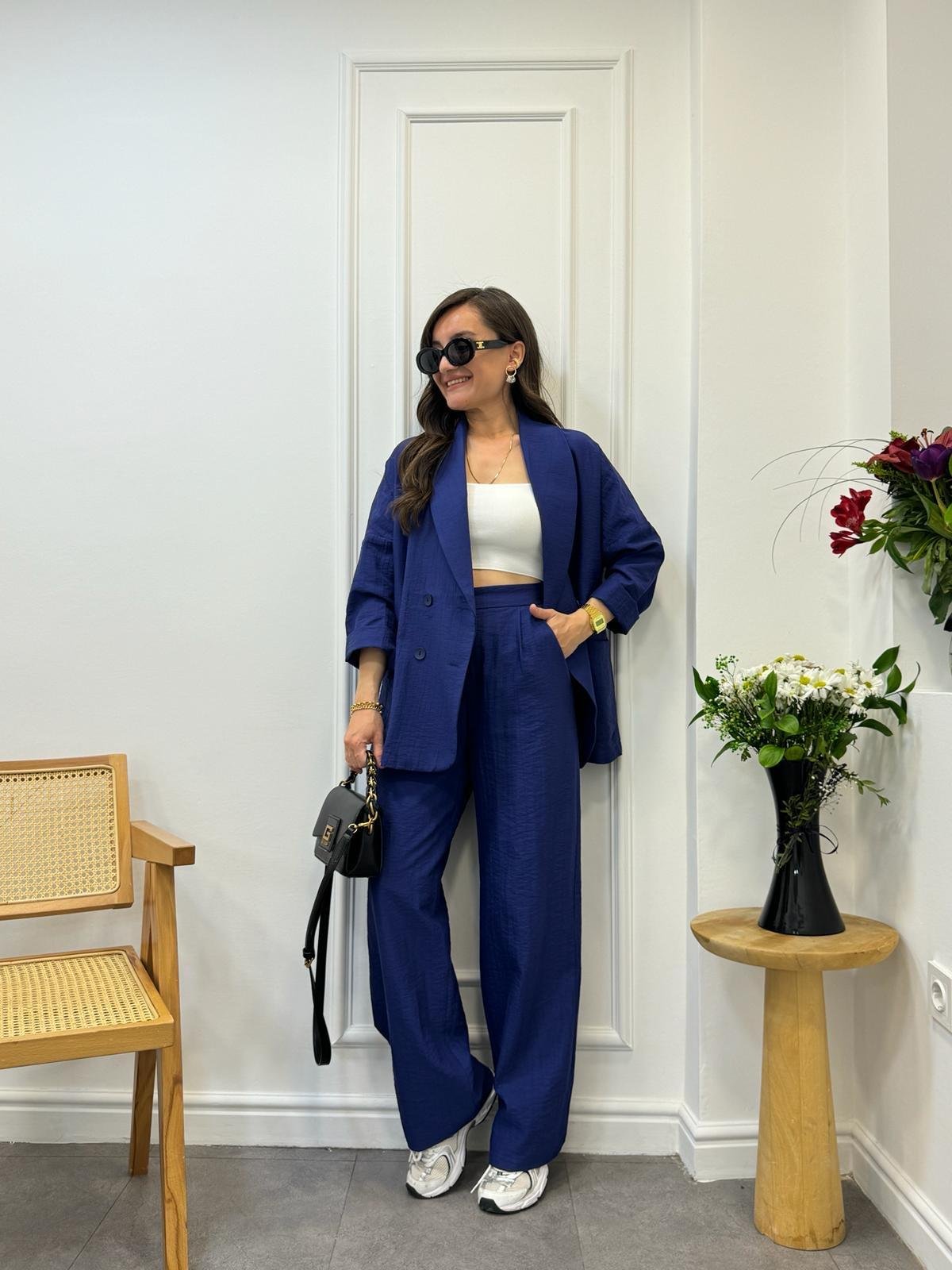 Lacivert Dört Düğmeli Blazer Pantolon Keten Takım 9006
