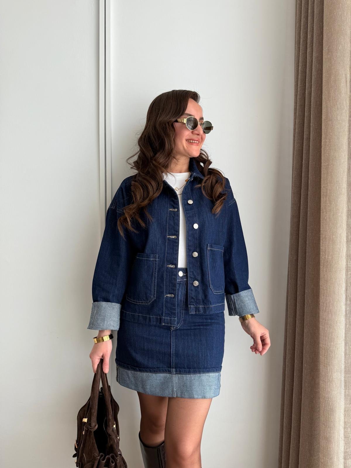 Lacivert Double Bilek Detaylı Cepli Denim Ceket 5669