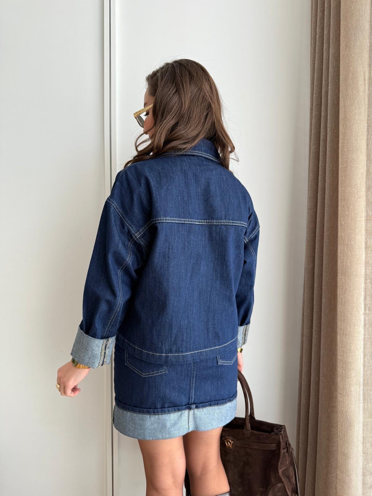 Lacivert Double Bilek Detaylı Cepli Denim Ceket 5669