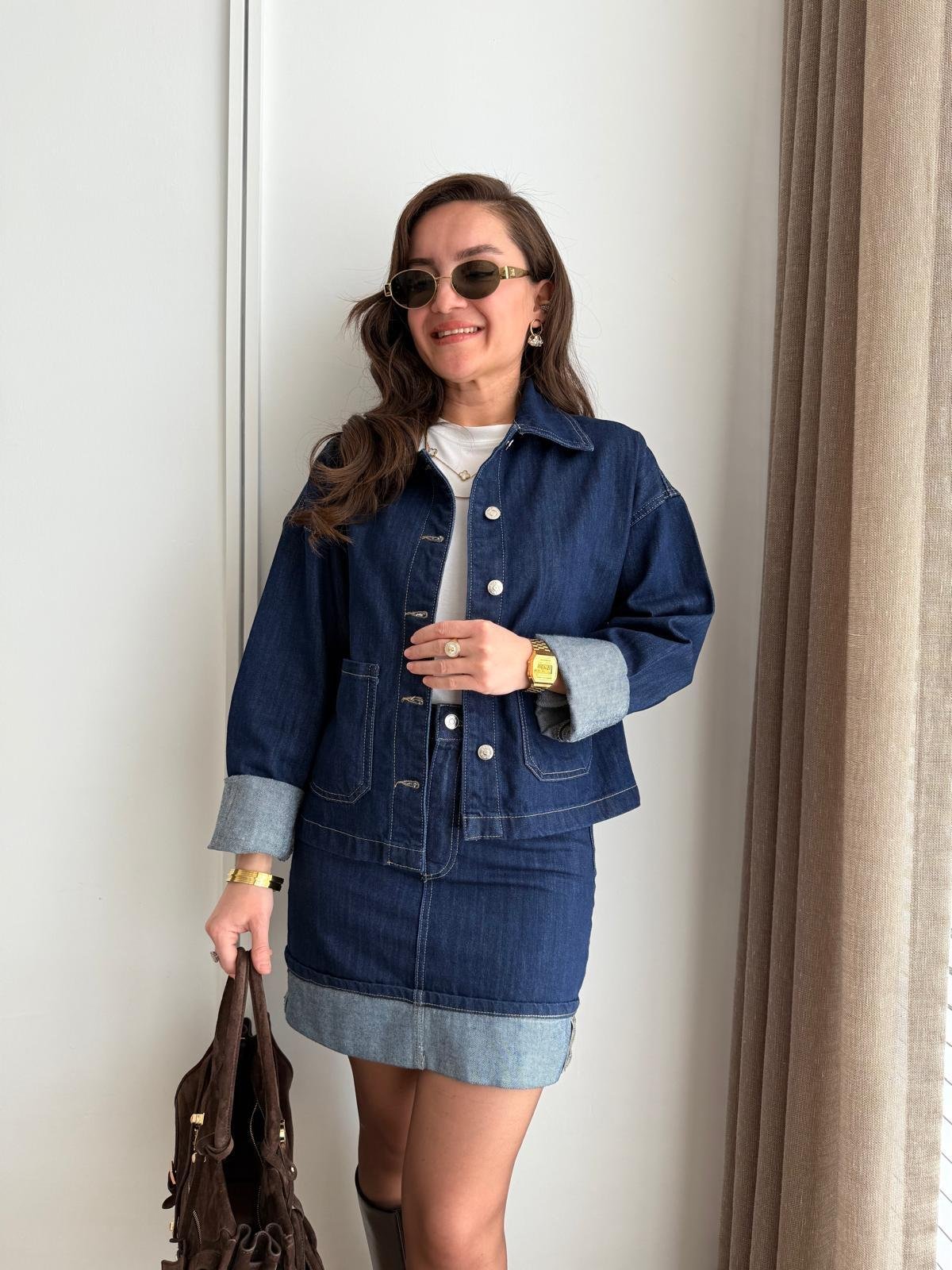 Lacivert Double Bilek Detaylı Cepli Denim Ceket 5669
