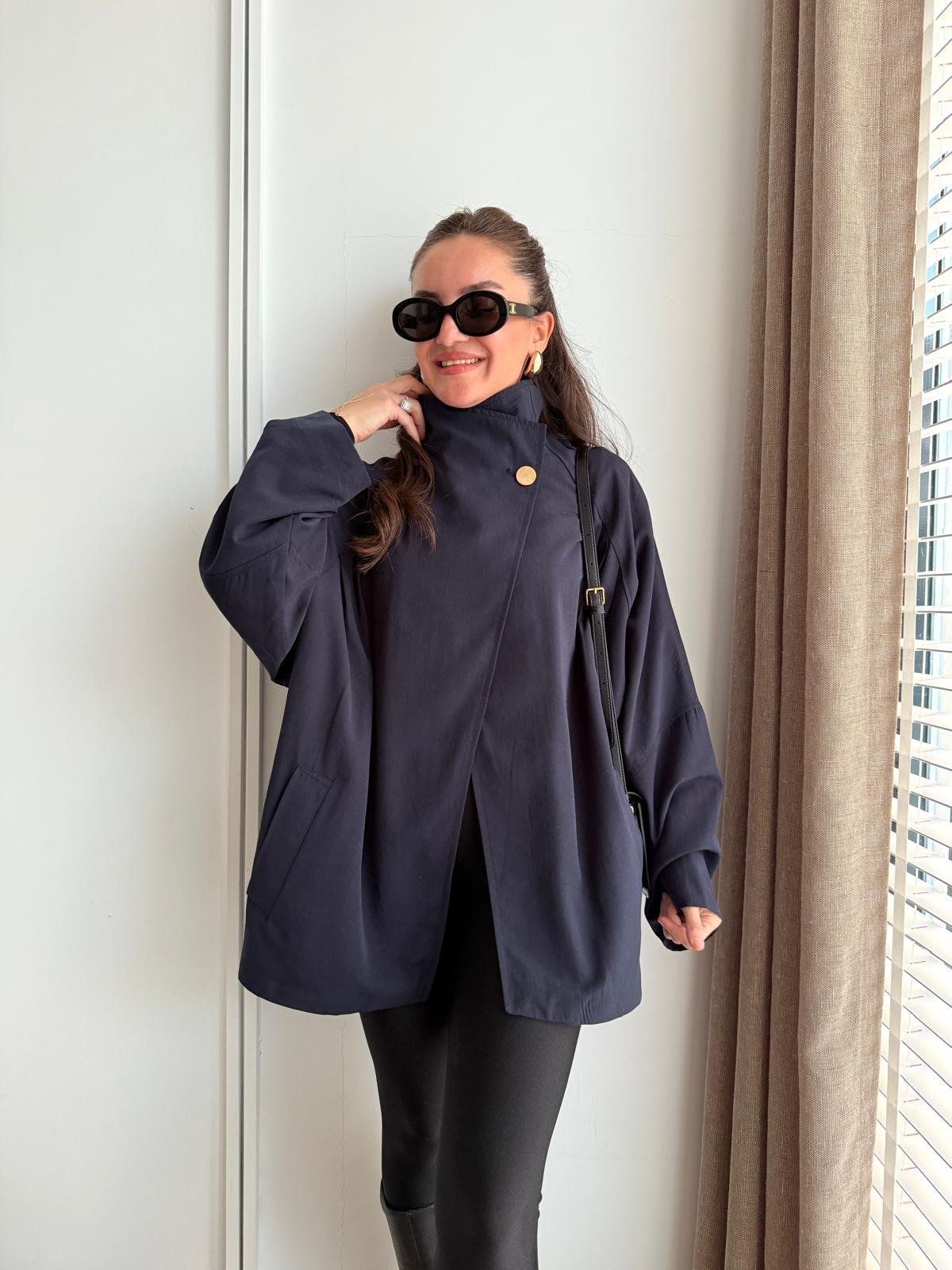 Lacivert Düğme Detaylı Oversize Trençkot 0188