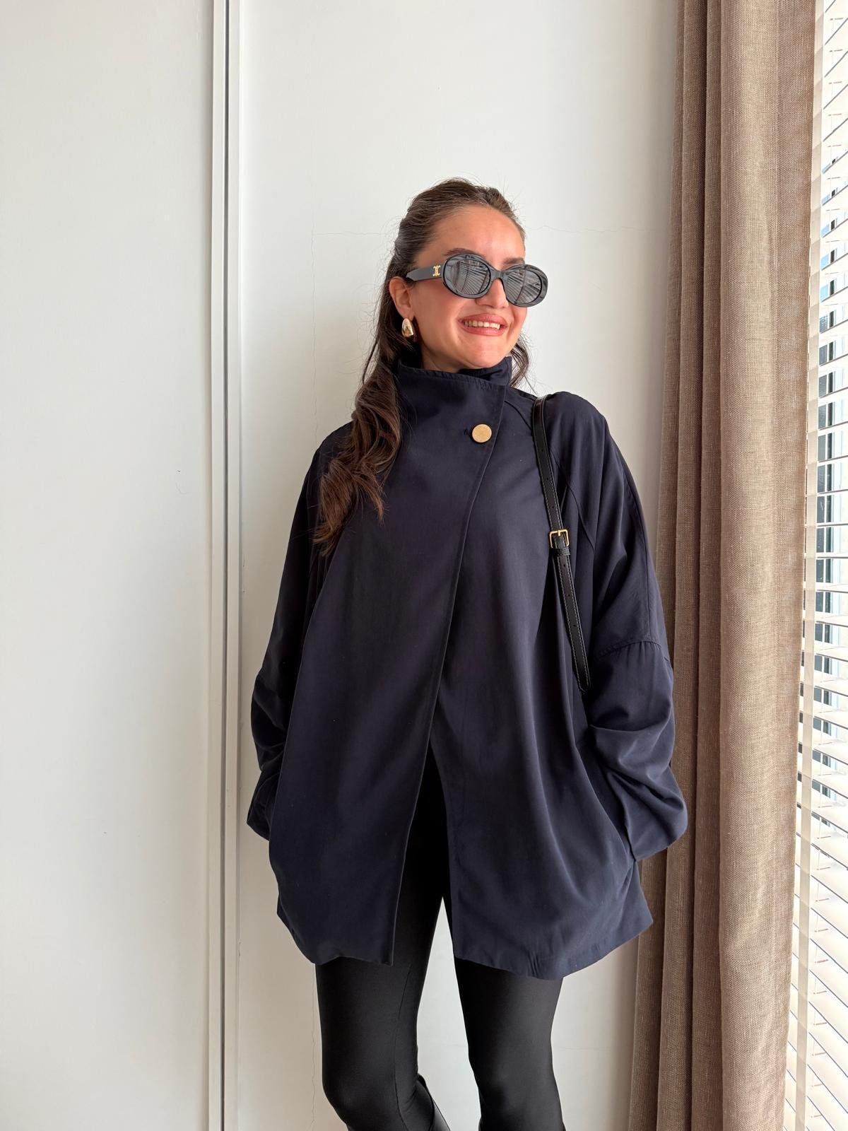 Lacivert Düğme Detaylı Oversize Trençkot 0188