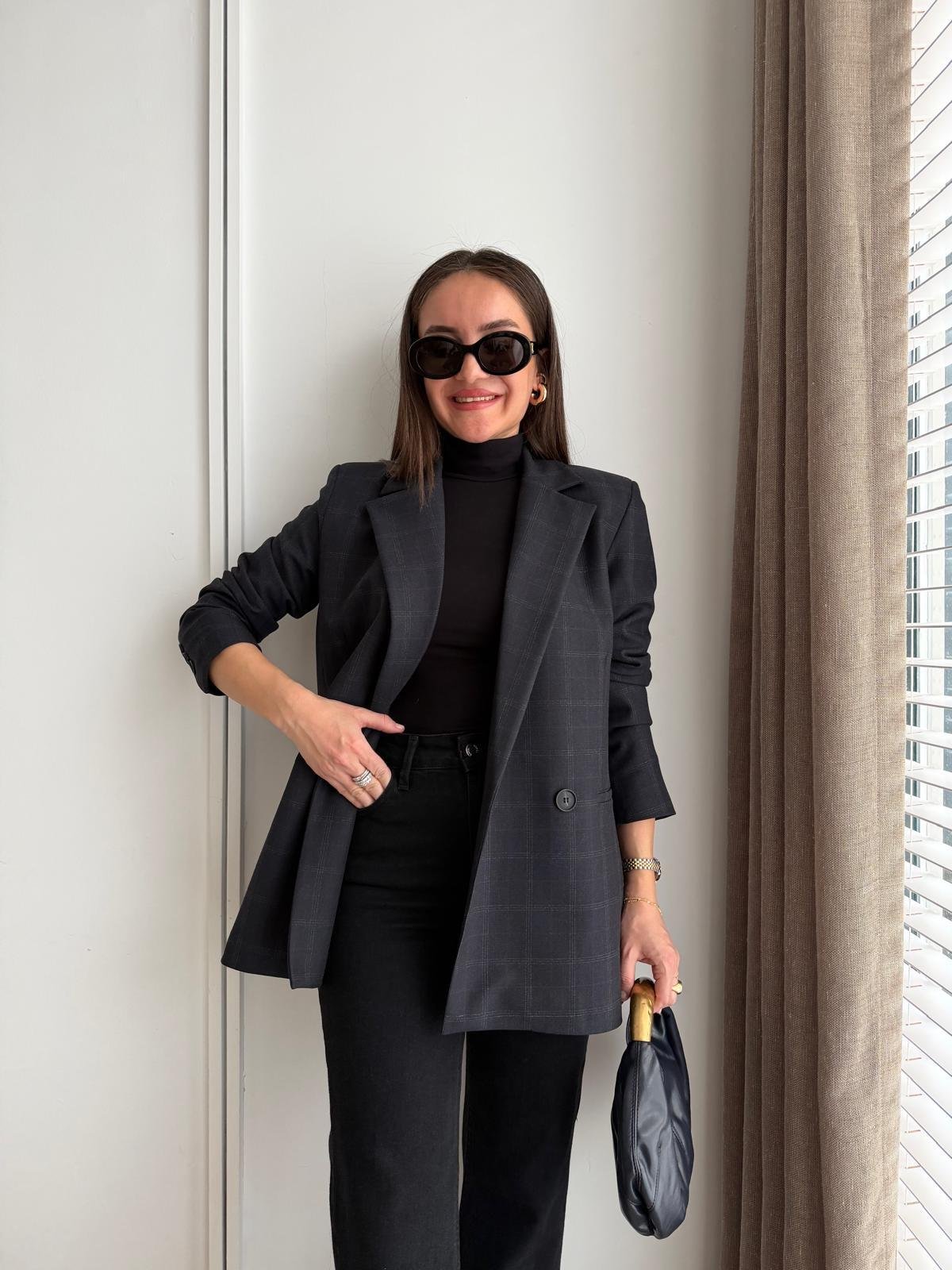 Lacivert Ekose Desen Astarlı Blazer Ceket 5174