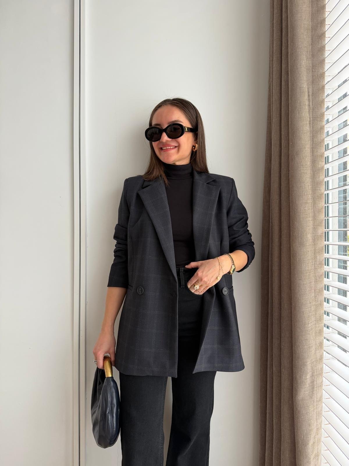 Lacivert Ekose Desen Astarlı Blazer Ceket 5174