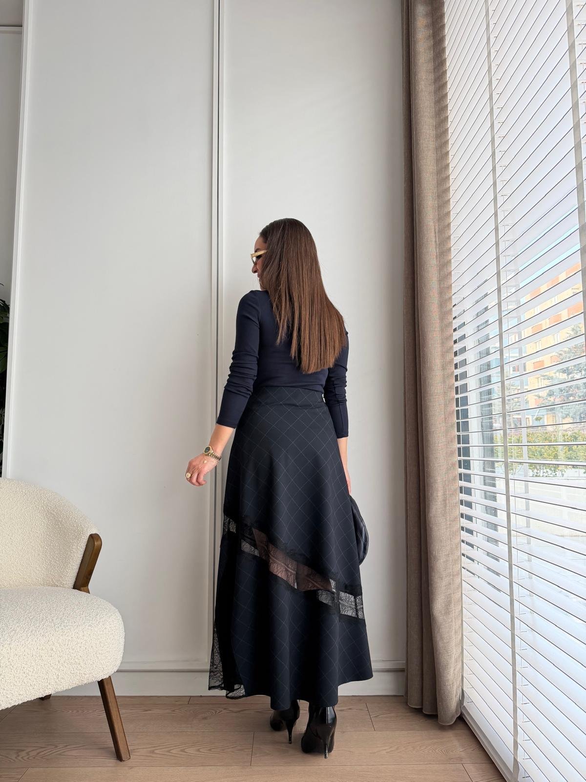 Lacivert Ekose Desen Dantel Detaylı Etek 37128