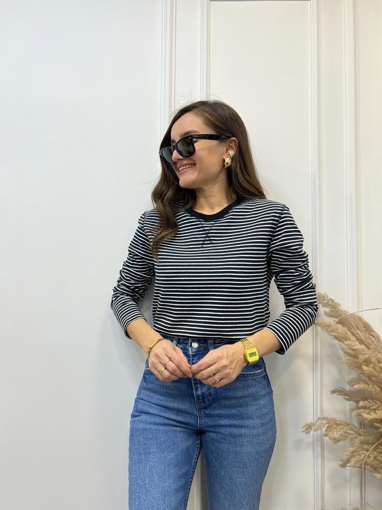 Lacivert Ekru Çizgili Bisiklet Yaka Sweatshirt 1704
