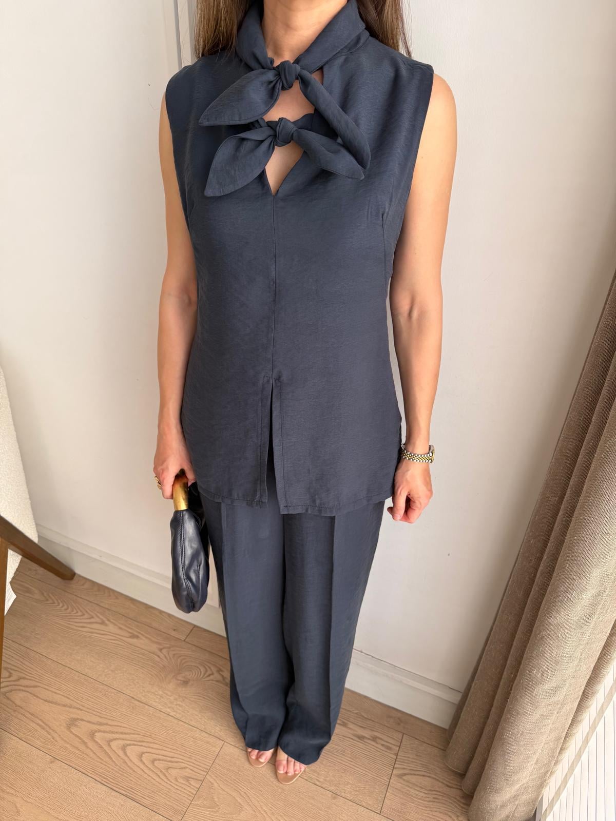 Lacivert Fiyonklu Bluz Pantolon Tensel Takım 9030