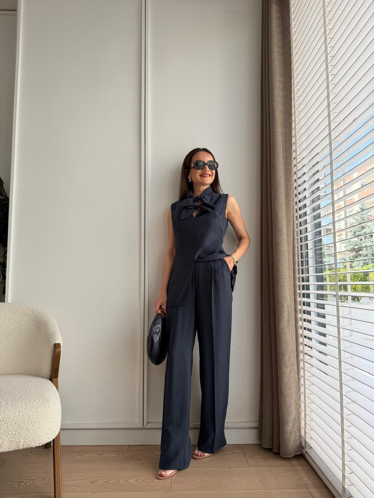Lacivert Fiyonklu Bluz Pantolon Tensel Takım 9030