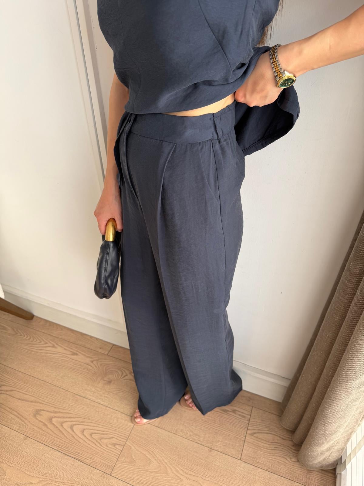 Lacivert Fiyonklu Bluz Pantolon Tensel Takım 9030