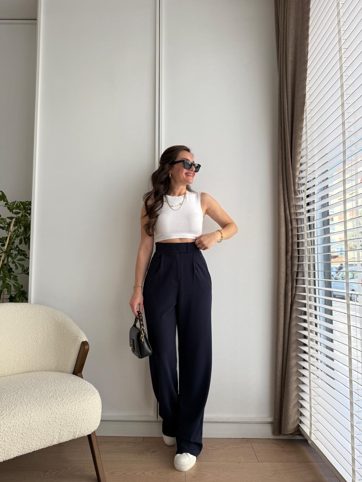 Lacivert Full Likralı Bel Detaylı Palazzo Pantolon 3826