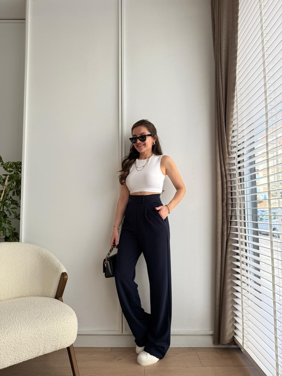 Lacivert Full Likralı Bel Detaylı Palazzo Pantolon 3826