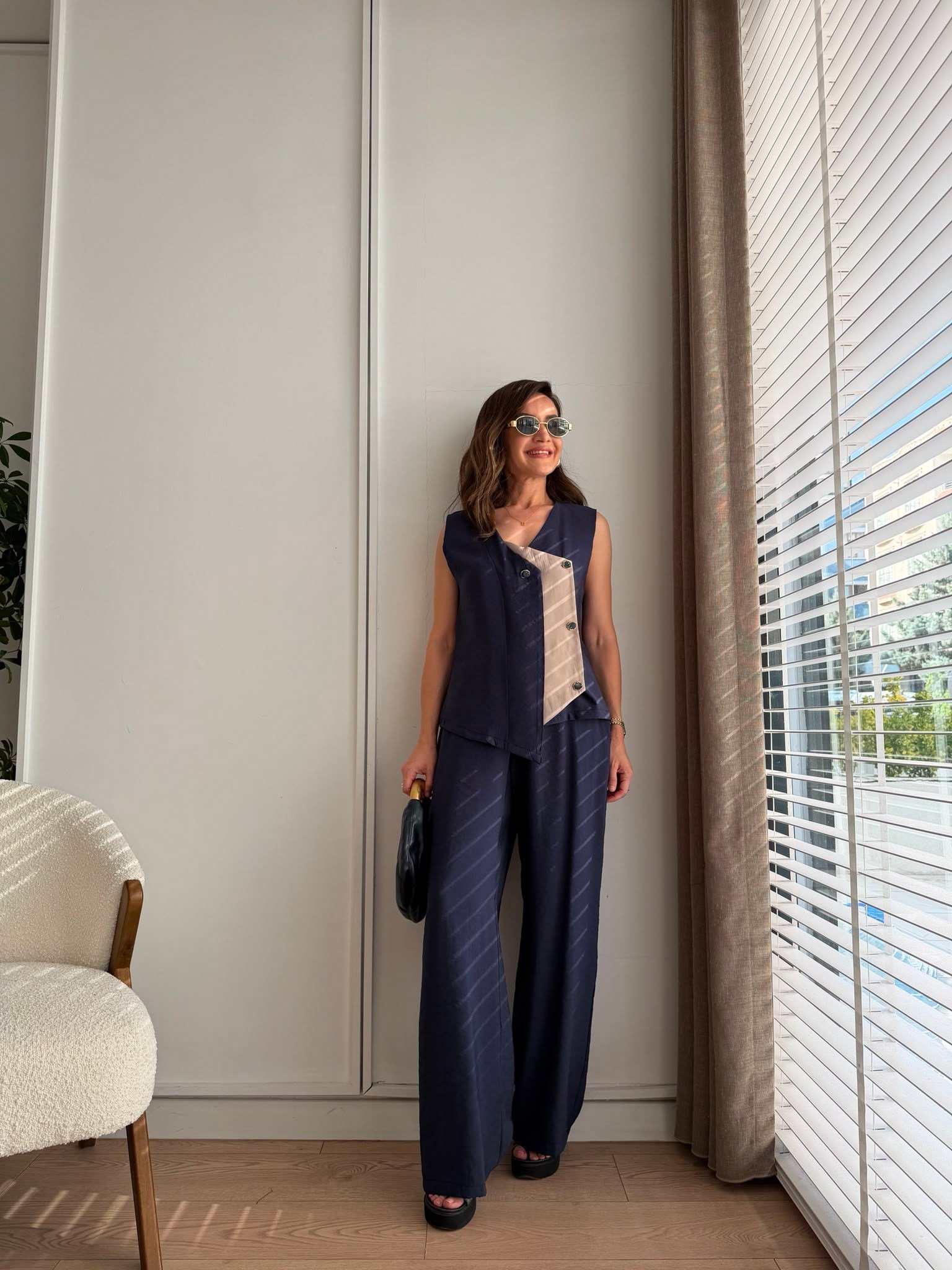 Lacivert Garnili Tensel Yelek Pantolon Takım 3105