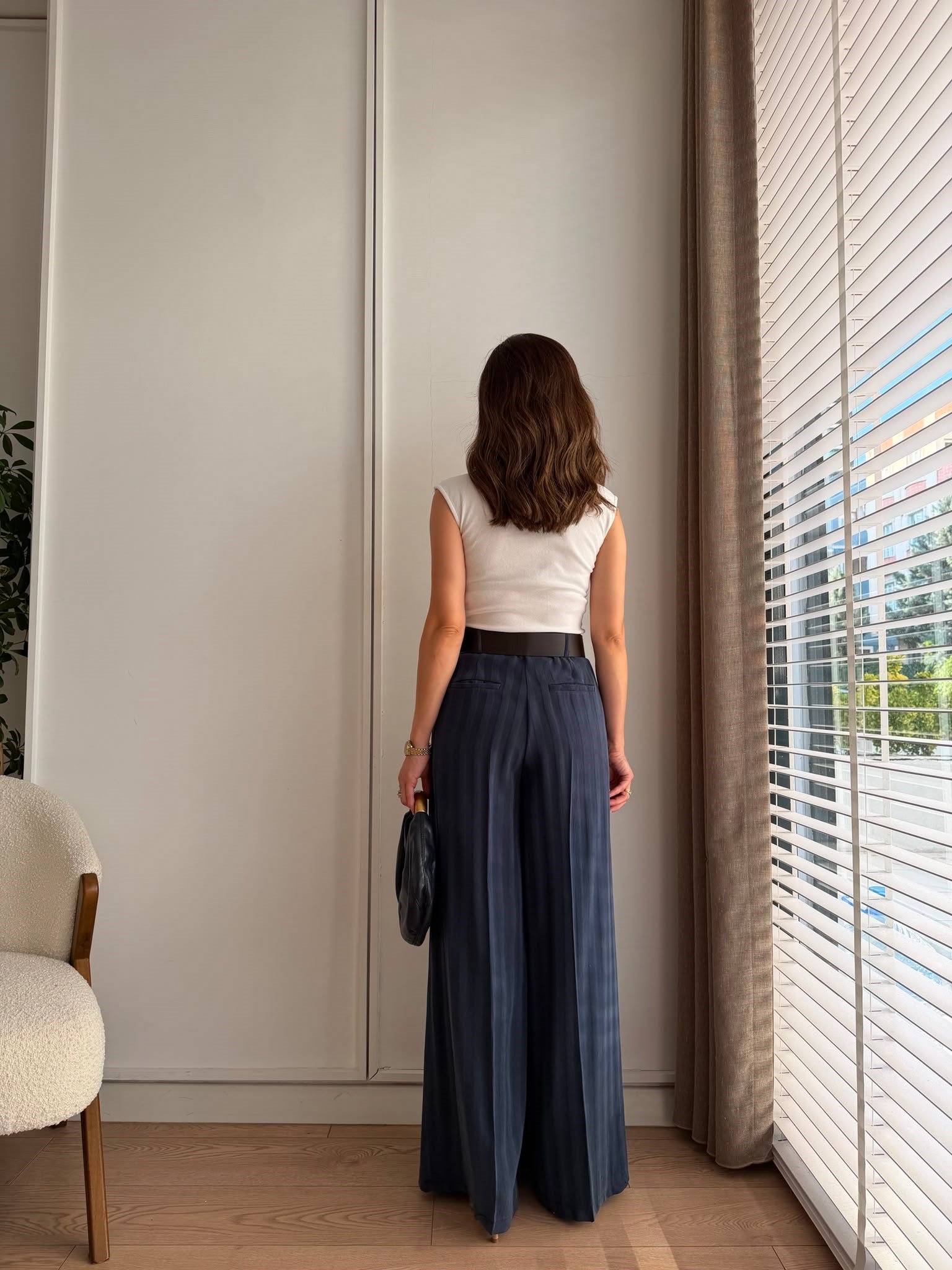 Lacivert Geniş Kemerli Çizgili Pantolon 58490