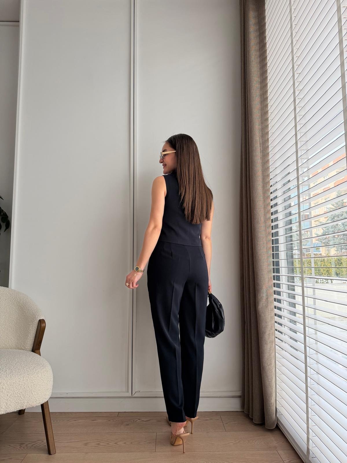 Lacivert Geniş Yaka Düğmeli Yelek Pantolon Takım 8895