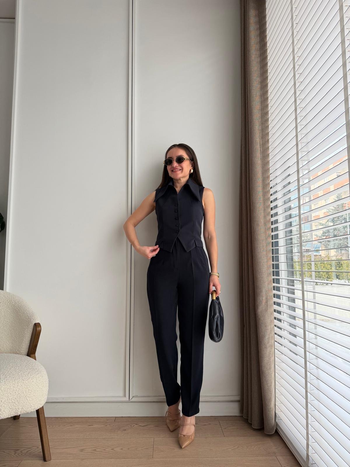 Lacivert Geniş Yaka Düğmeli Yelek Pantolon Takım 8895