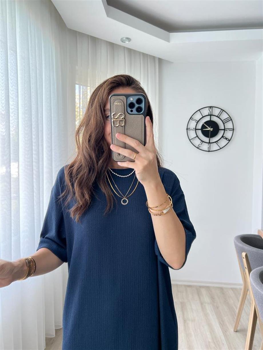 Lacivert Gofre Kumaş Yırtmaçlı Basic Elbise 0411