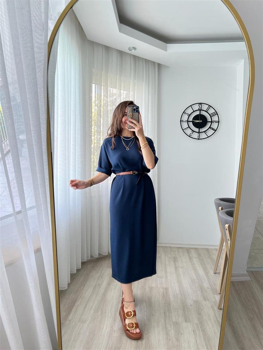 Lacivert Gofre Kumaş Yırtmaçlı Basic Elbise 0411