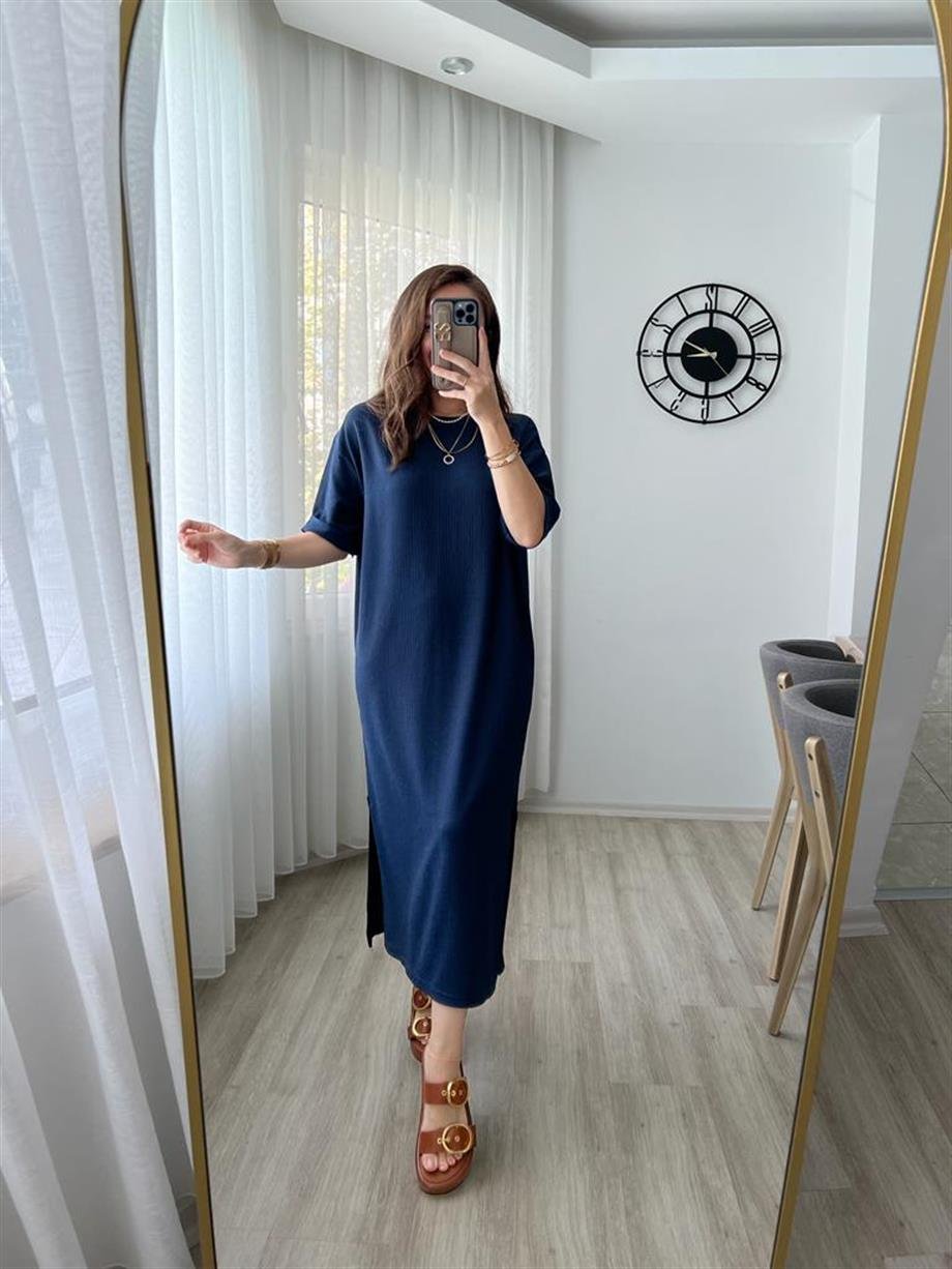 Lacivert Gofre Kumaş Yırtmaçlı Basic Elbise 0411