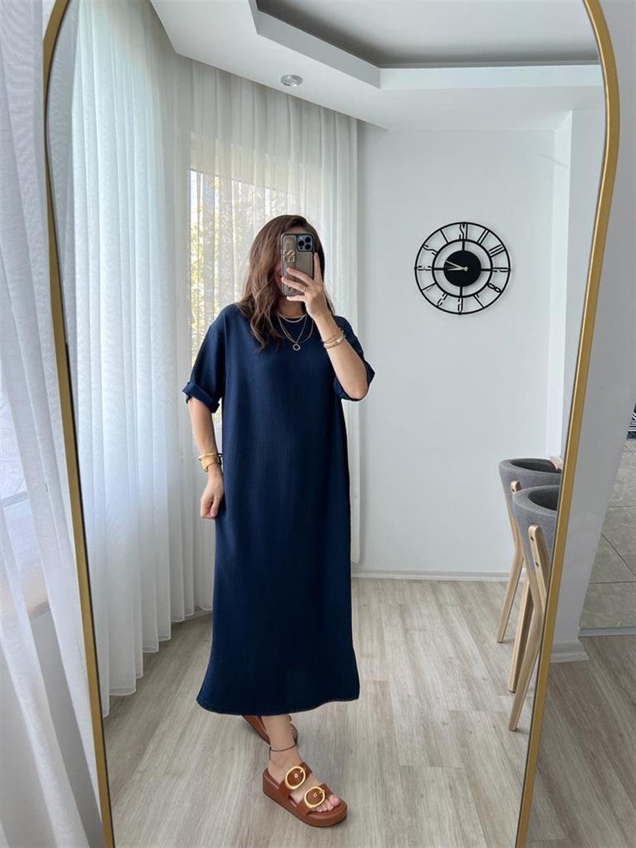 Lacivert Gofre Kumaş Yırtmaçlı Basic Elbise 0411