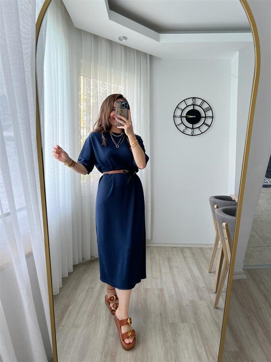 Lacivert Gofre Kumaş Yırtmaçlı Basic Elbise 0411